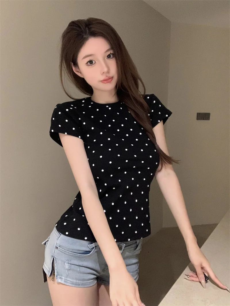 Uveng Uveng Polka Dot Round Collar Short Sleeved T Shirt Women's Wear 2024 Summer Short Slim Show Thin With Casual Student Top