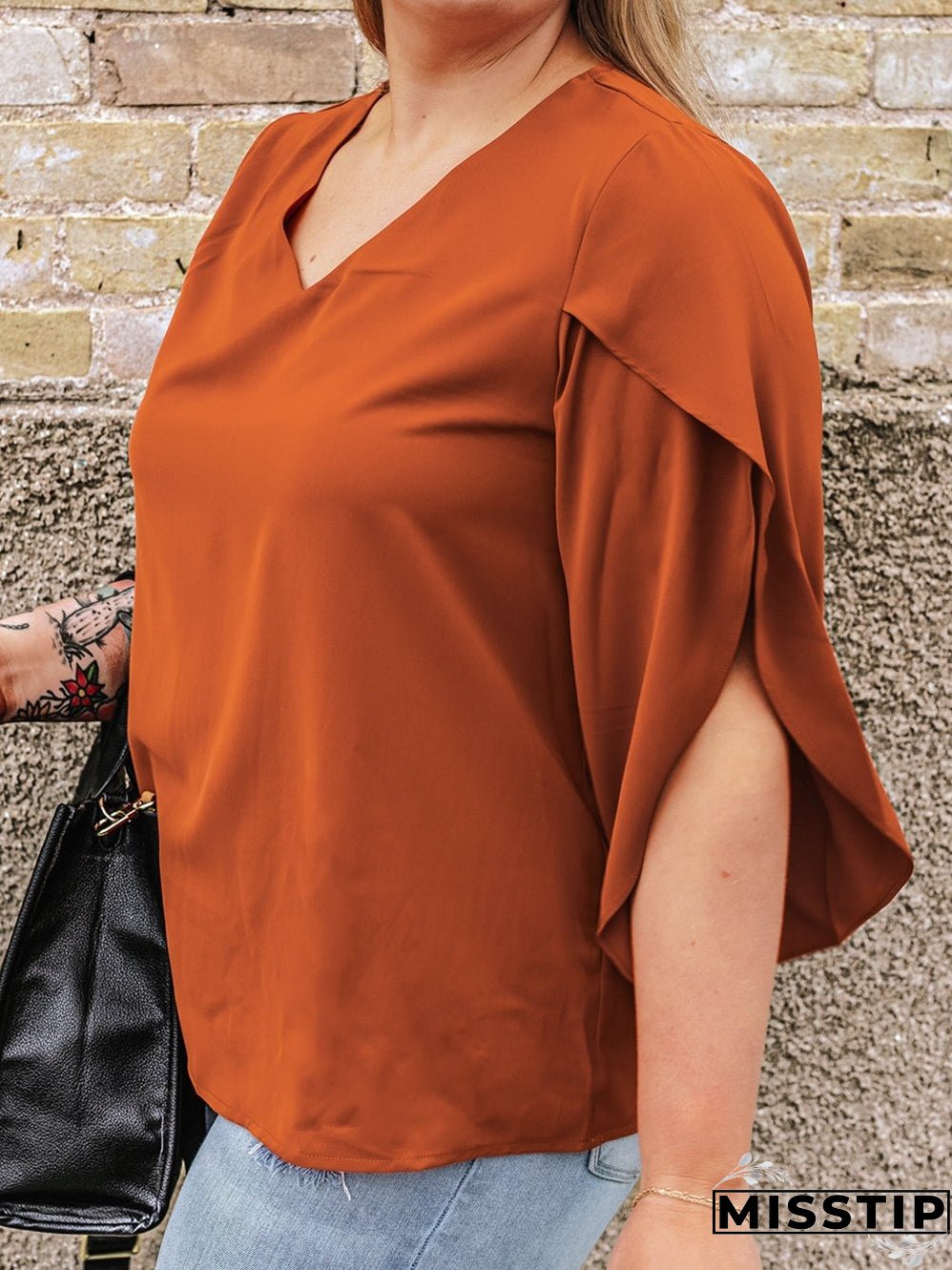 Golden Flame Wrap Sleeve V-Neck Plus Size Blouse