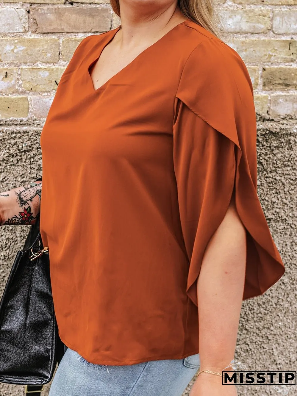 Golden Flame Wrap Sleeve V-Neck Plus Size Blouse