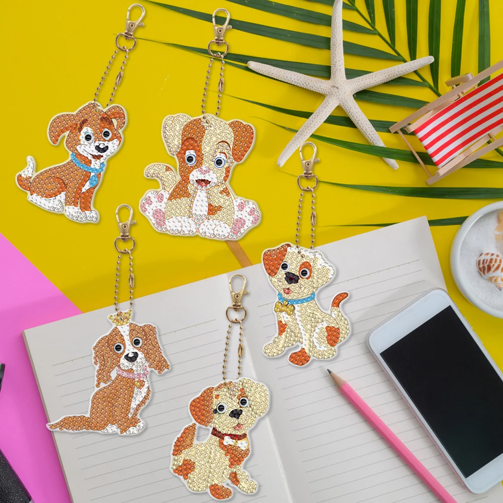 5pcs Diamond Painting Keyring Kits DIY Dog Keychain Bag Pendant(Double Sided)