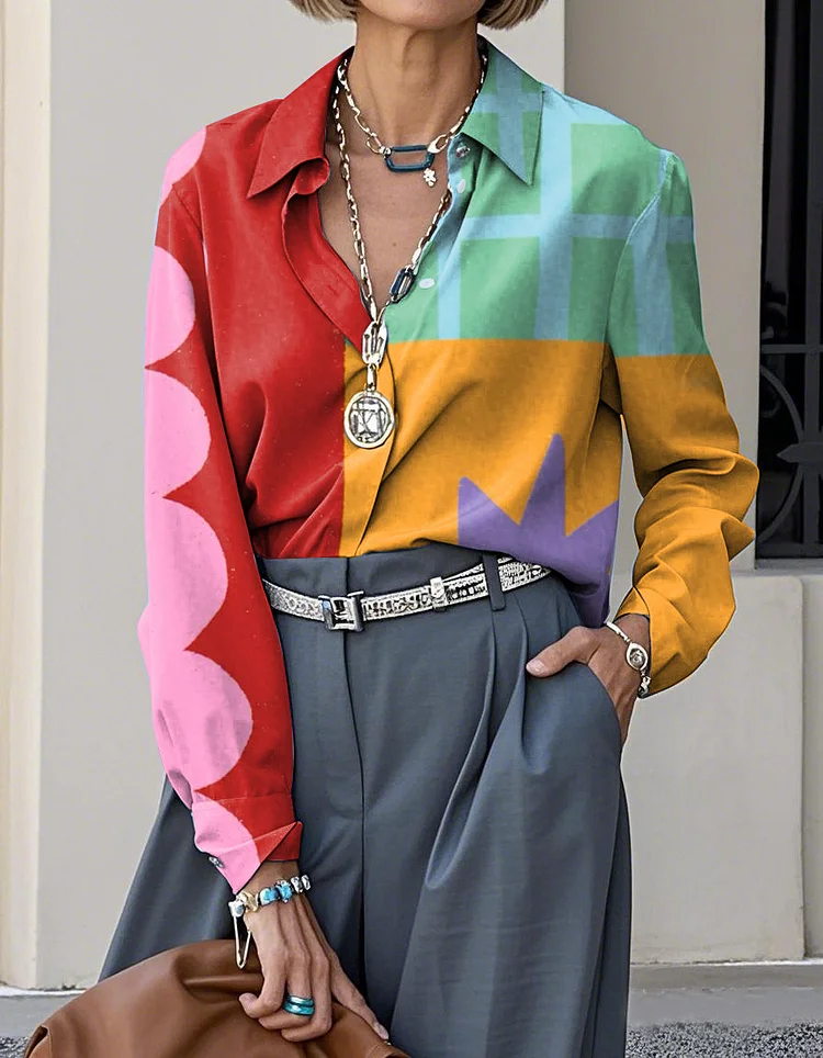 Elegant Abstract Geometric Art Print Lapel Casual Long Sleeve Shirt