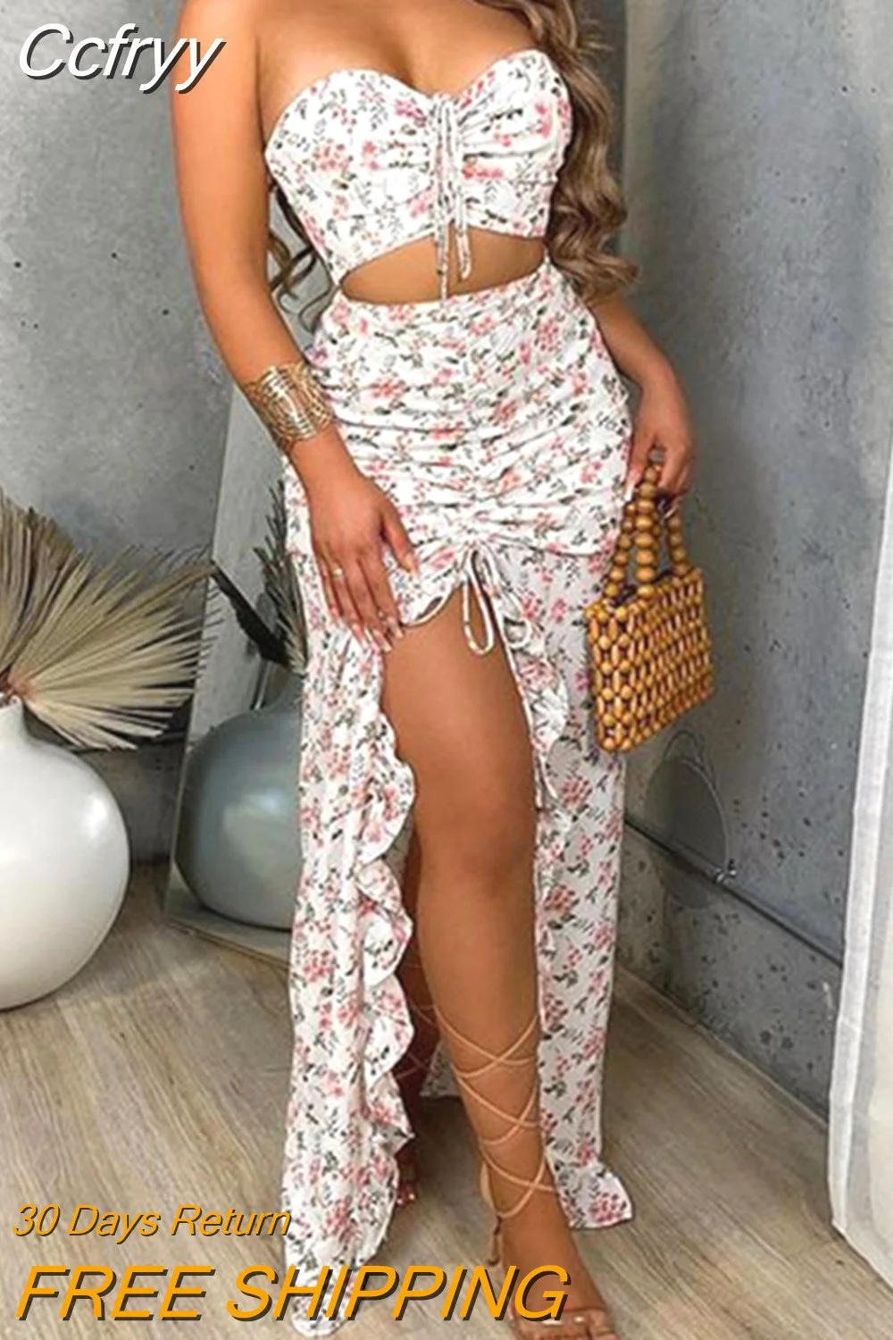 Huibahe Sexy Chest Wrap Off Shoulder Short Top And Folds Ruffle Long Skirt Suit Ladies Elegant Set Floral Print Party 2 Piece Set