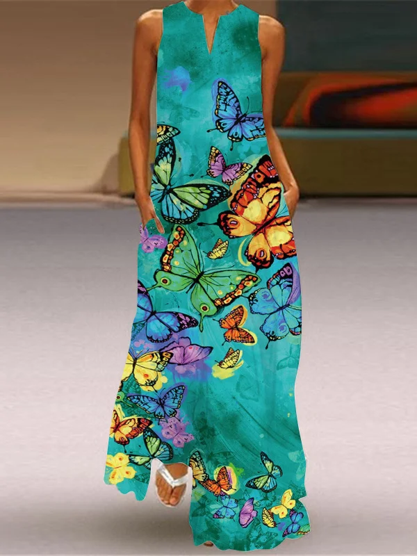 Fasion Sleeveless V Neck Printed A-line Maxi Dress 