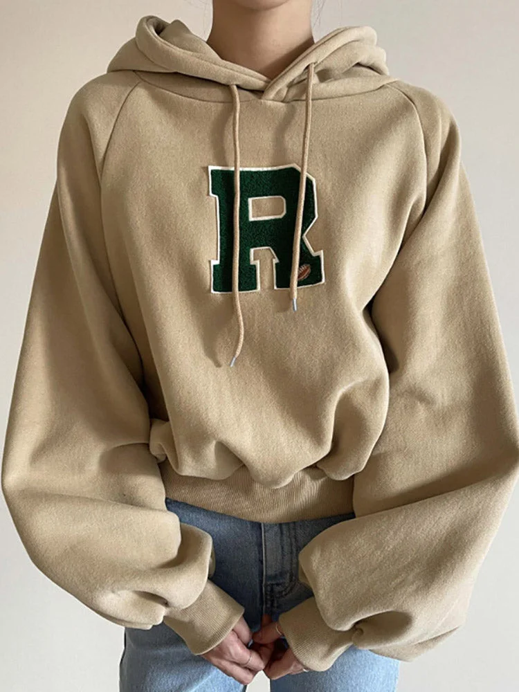 Pure color plus velvet drawstring letter embroidery lantern sleeve women's hooded sweater QueenFunky