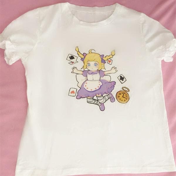 [Alice in Wonderland] White Printed Puffed Sleeves Top SP166836