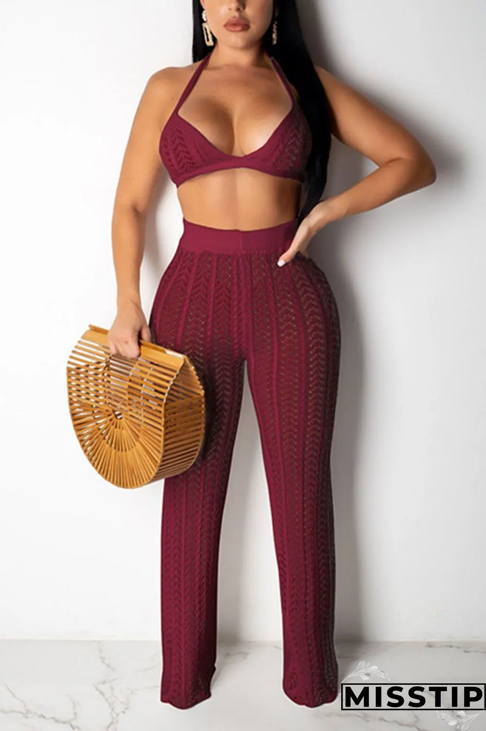 Khaki Sexy Fashion HOLLOWED OUT Solid crop top Bandage Slim fit Two Piece Suits asymmetrical Str