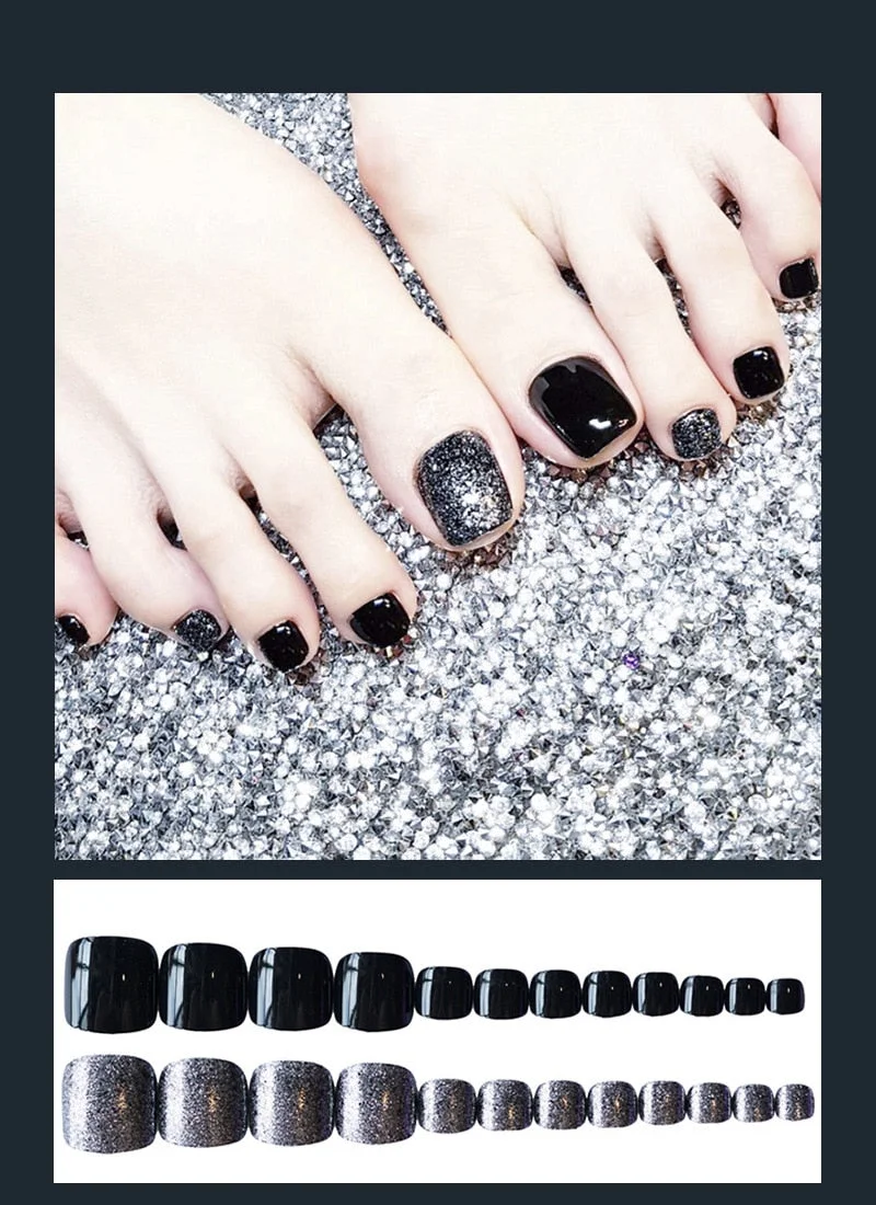 24pcs Black Red Plastic Matte False Toe Nails Silver Mirror White Mix Match Nail Tips Star Diamond Pattern Wide Nail Art Beauty