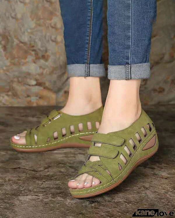 Hollow Velcro Slope Heel Sandals