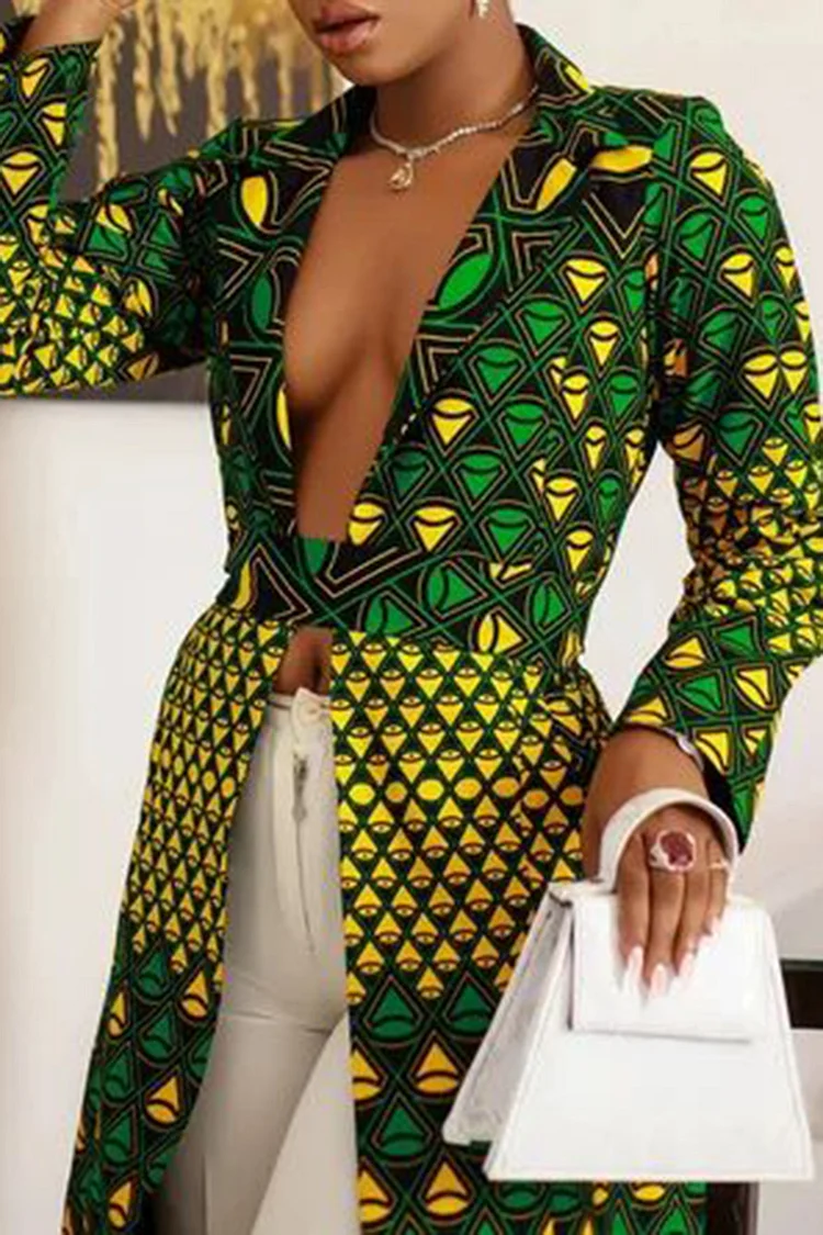 Plus Size Business Casual Green African Ankara V Neck Long Sleeve Split Blouses