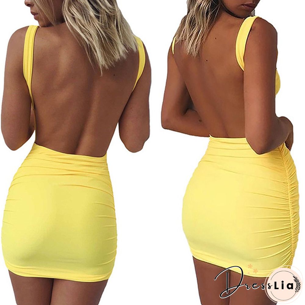 Women Backless Sleeveless Bodycon Solid Club Party Mini Tank Dress Sundress