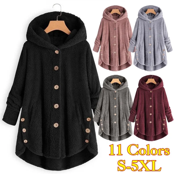 New Thin Wool Blend Fashion Women Button Coat Fluffy Turn-down Collar Outwear Jacket Casual Tops Hooded Pullover Loose Sweater