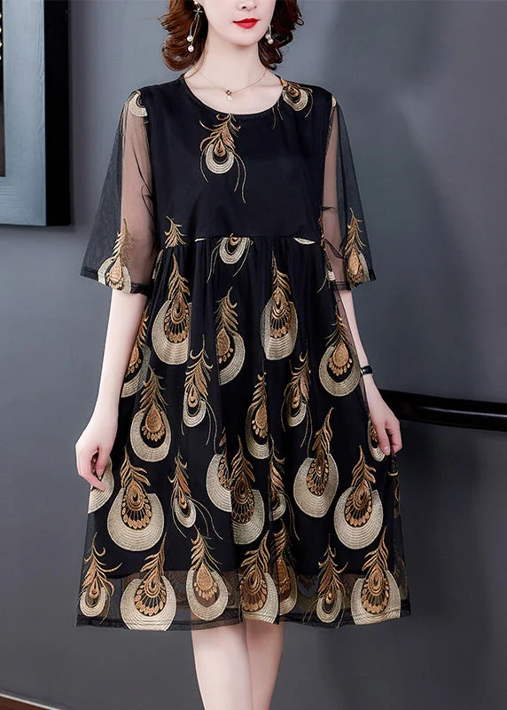 Women Black Embroidered Tulle Patchwork Wrinkled Chiffon Dress Half Sleeve