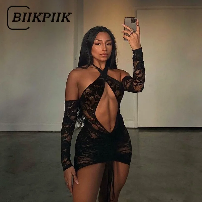 BIIKPIIK Halter Lace-Up See Through Women Sexy Mini Dresses Hollow Out Solid Elegant Dress Vintage Backless Summer Clothing