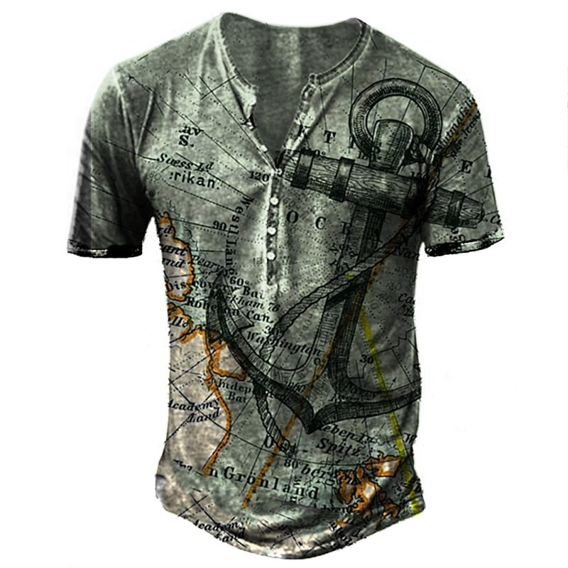 Men's Outdoor Tactical Map Nautical Tactical Print Henley Shirt-Compassnice®