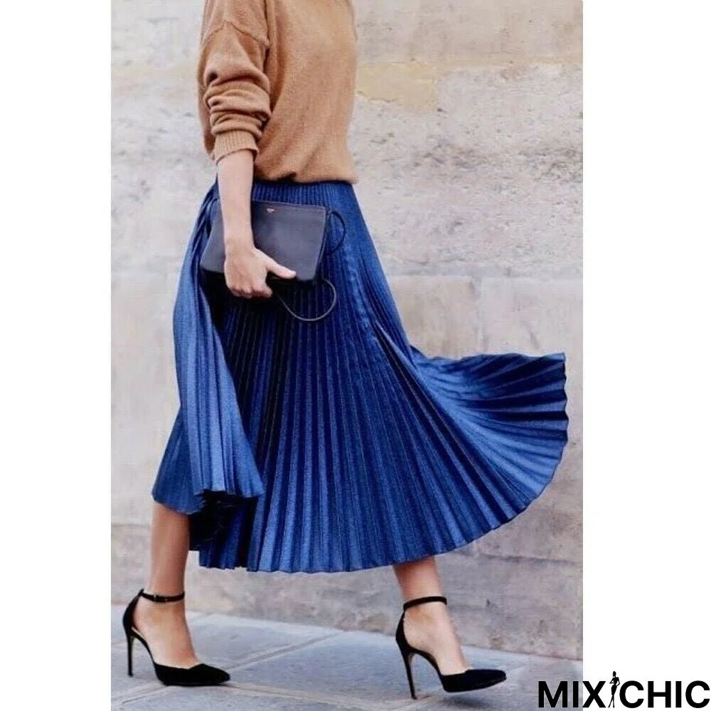 Women Ladies Fashion High Waist Loose Maxi Skirt Pleated Retro Elastic Waist Long Skirt Casual Solid Bottoms