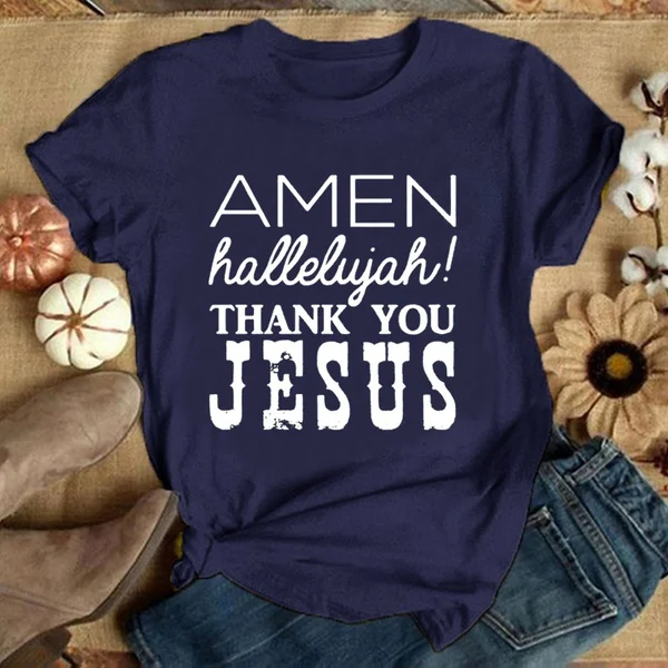 "Amen Halleluyah Thank You Jesus" Men and Women's Fashion Faith God Christ Jesus T-shirt with Sayings Casual Plus Size Graphic Tee Unisex