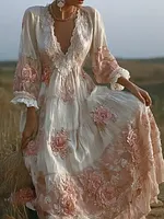 Retro Pink Rose Design V-neck Long-sleeve Casual Dress