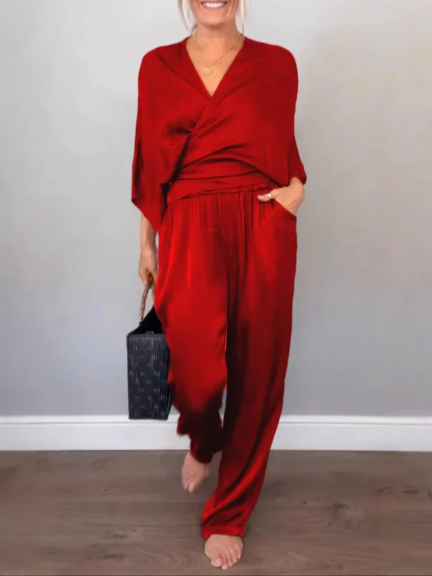 Nigikala Nigikala Women's Summer Fashion Solid Color Sleeve Short-Sleeved Blouse Trousers Set