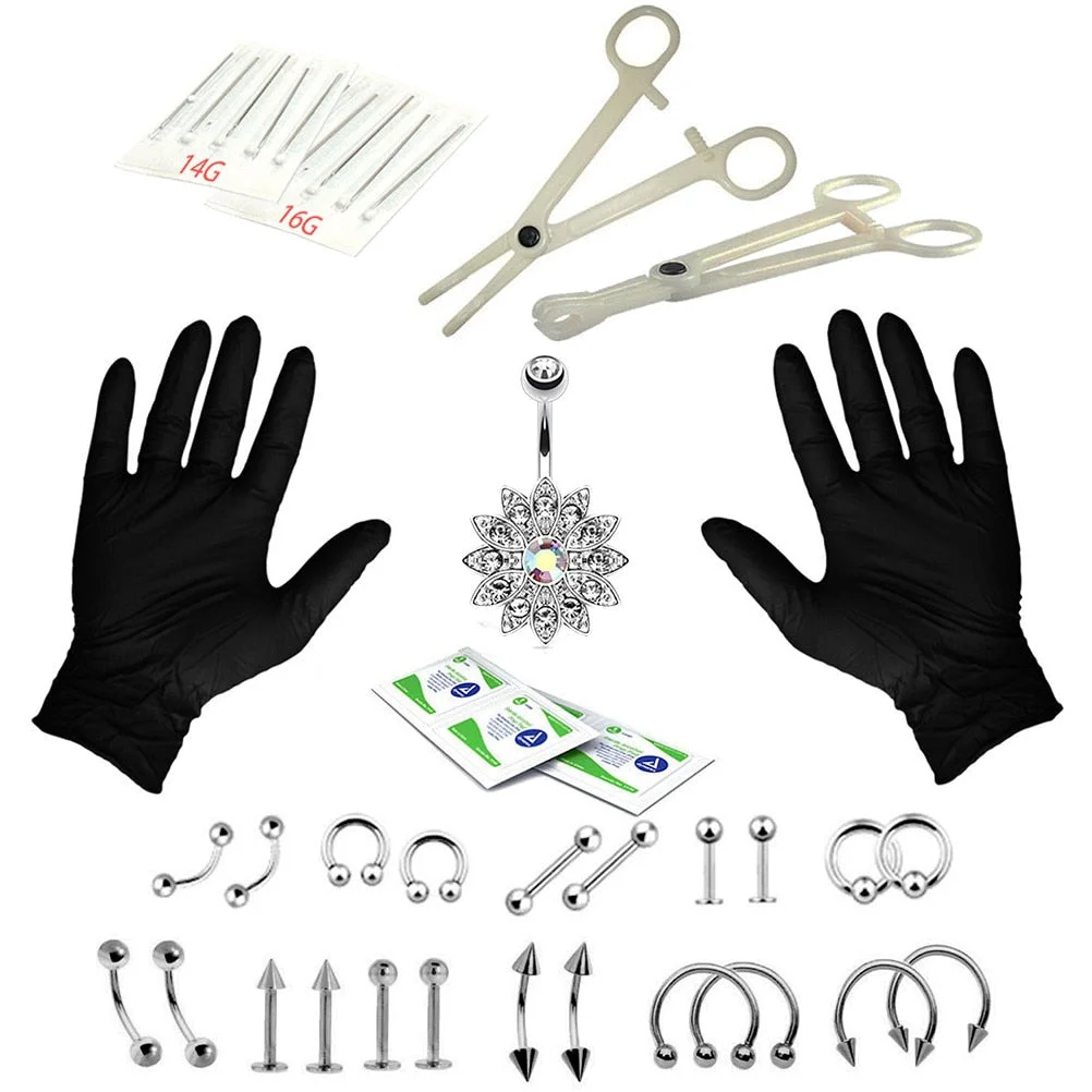 Body Piercing Kit With Needle Pack Nose Septum Belly Button Piercing Tool Kit Ear Tragus Nipple Eyebrow Labret Pircing Set Clamp