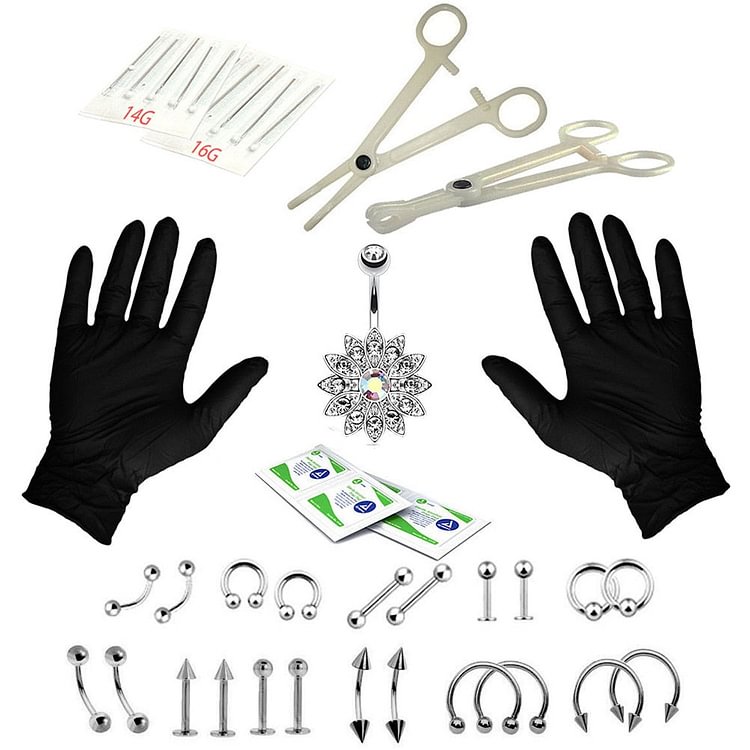 Body Piercing Kit With Needle Pack Nose Septum Belly Button Piercing Tool Kit Ear Tragus Nipple Eyebrow Labret Pircing Set Clamp