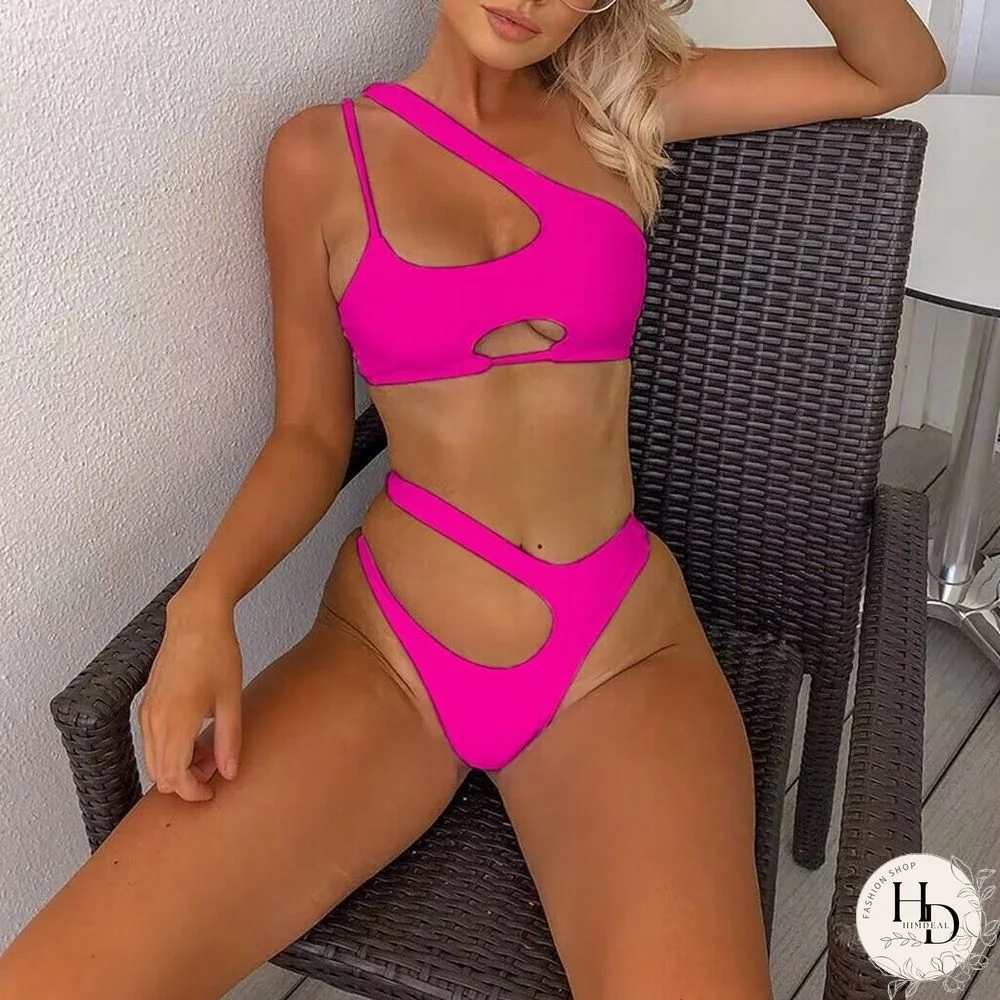 Two Piece High Waist Irregular Bikinis Sexy Solid Color One Shoulder Swimwear Fashion Hollow Out Push Up Beachwear Bathing Suits