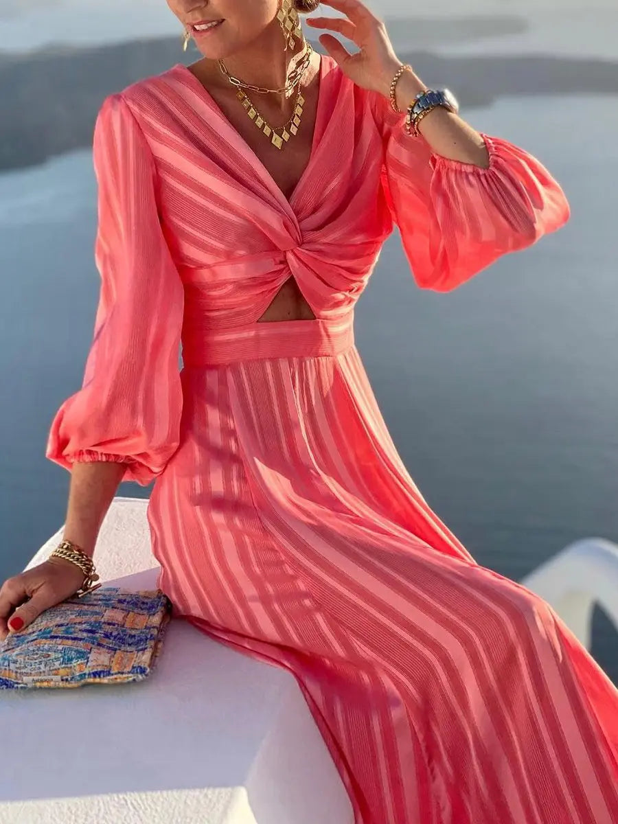 V Neck Long Sleeve Hollow Out  Midi Dress