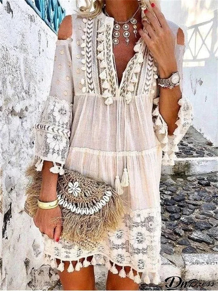 3/4 Sleeve V Neck Holiday Boho Dresses