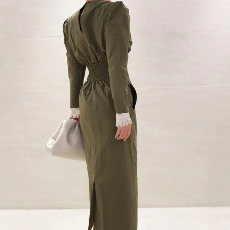 Women Vintage Party Midi Dress Long Sleeve lace collar Solid Casual Elegant Dress 2020 Spring New Fashion Dress