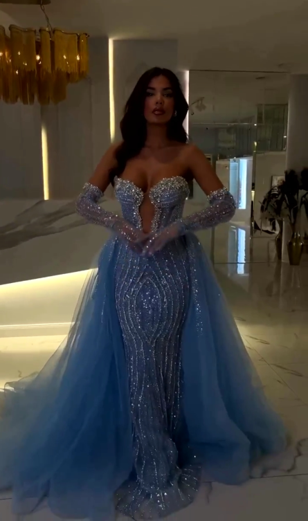 Hellodresses Charming Blue Strapless Sleeveless Long Mermaid Prom Dress with Beadings