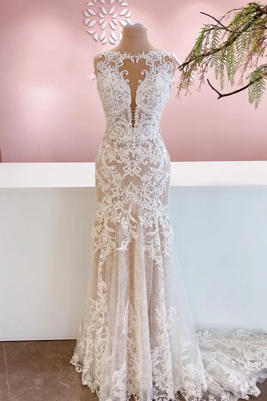 Daisda Glamorous Bateau Mermaid Wedding Dress With Appliques Lace Tulle