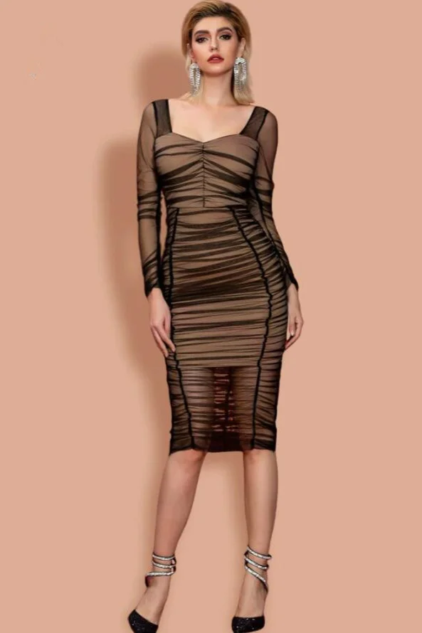 Chic Long Sleeve Sheath Prom Dress Midi Tulle Party Gowns - lulusllly