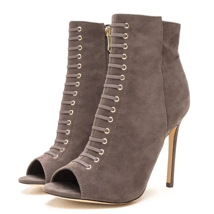Taupe Vegan Suede Peep Toe Booties Lace-Up Stiletto Heel Ankle Boots |FSJ Shoes