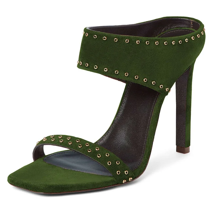 Green Vegan Suede Open Toe Stiletto Heel Mules Sandals |FSJ Shoes