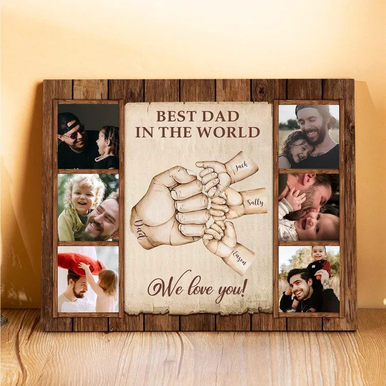 4 Names-Personalized Dad Family Fist Bump Frame Engaged 6 Photos Wooden Ornament Custom Texts Plaque Home Decoration for Father