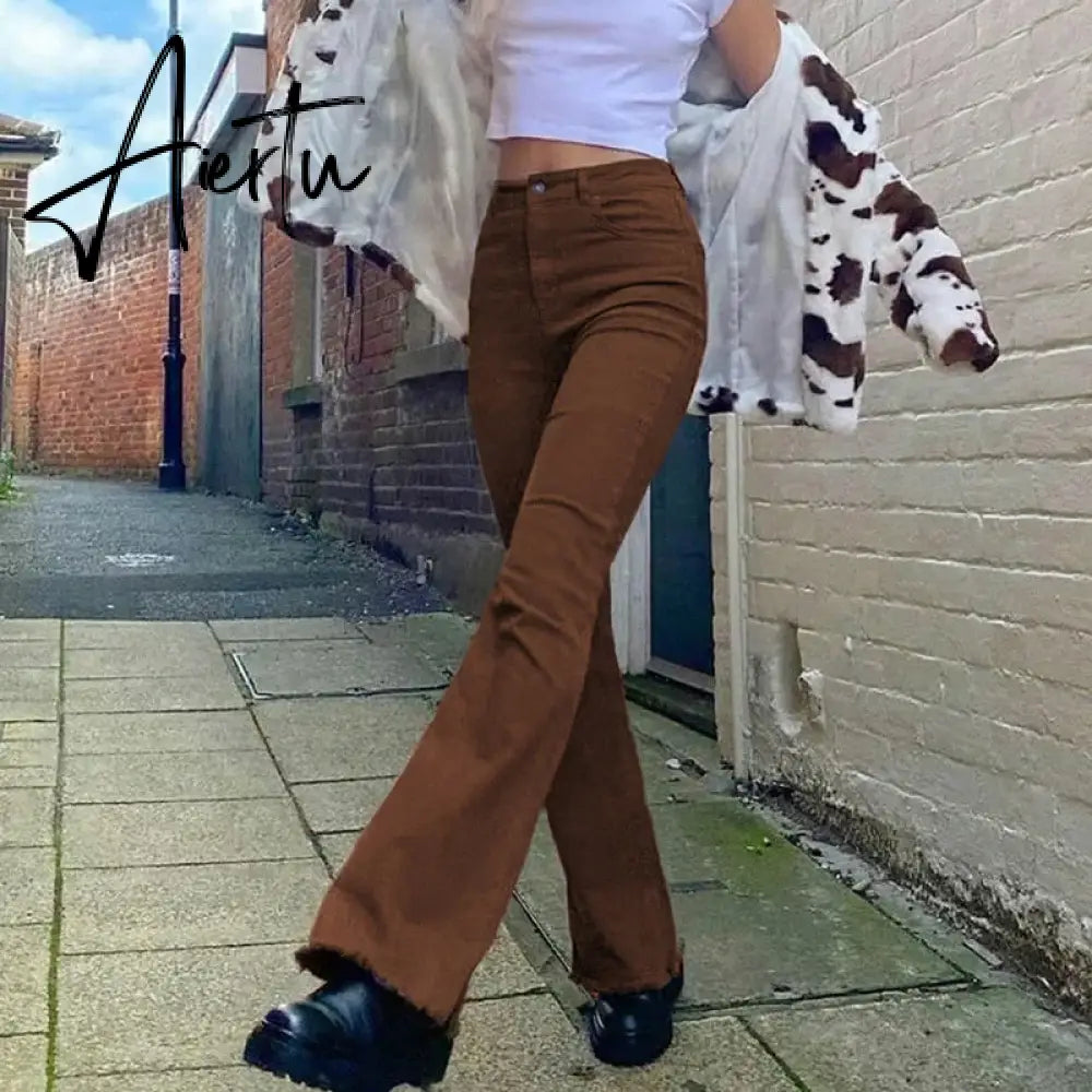 Vintage Brown Y2K Mom Jeans Women’s Streetwear Skinny Stretch Classic Denim Flare Pants Harajuku Fashion Trousers Female Aiertu