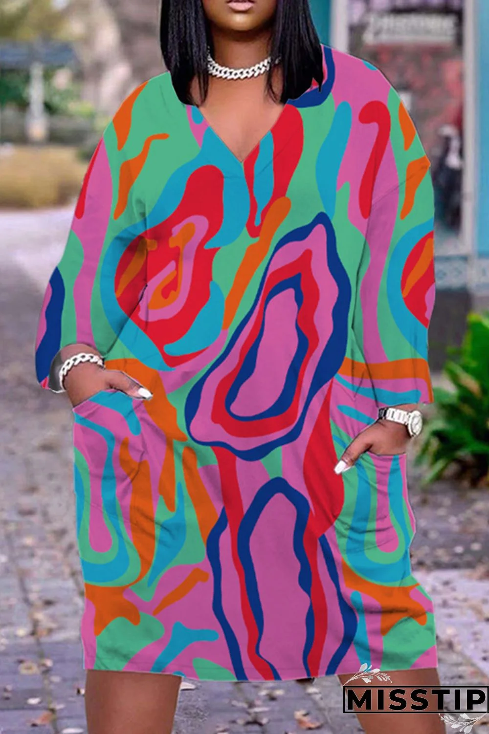 Rose Red Casual Print Patchwork V Neck Long Sleeve Dresses