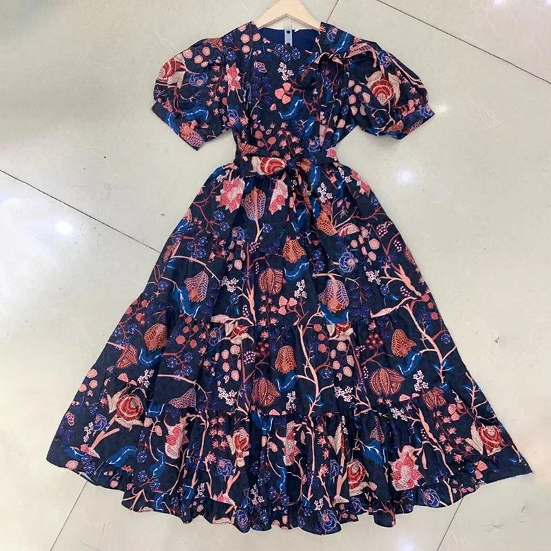 ABEBEY Yellow Elegant Dress For Women O Neck Puff Short Sleeve High Waist Sashes Slim Vintage Midi Dresses Female 2023 New