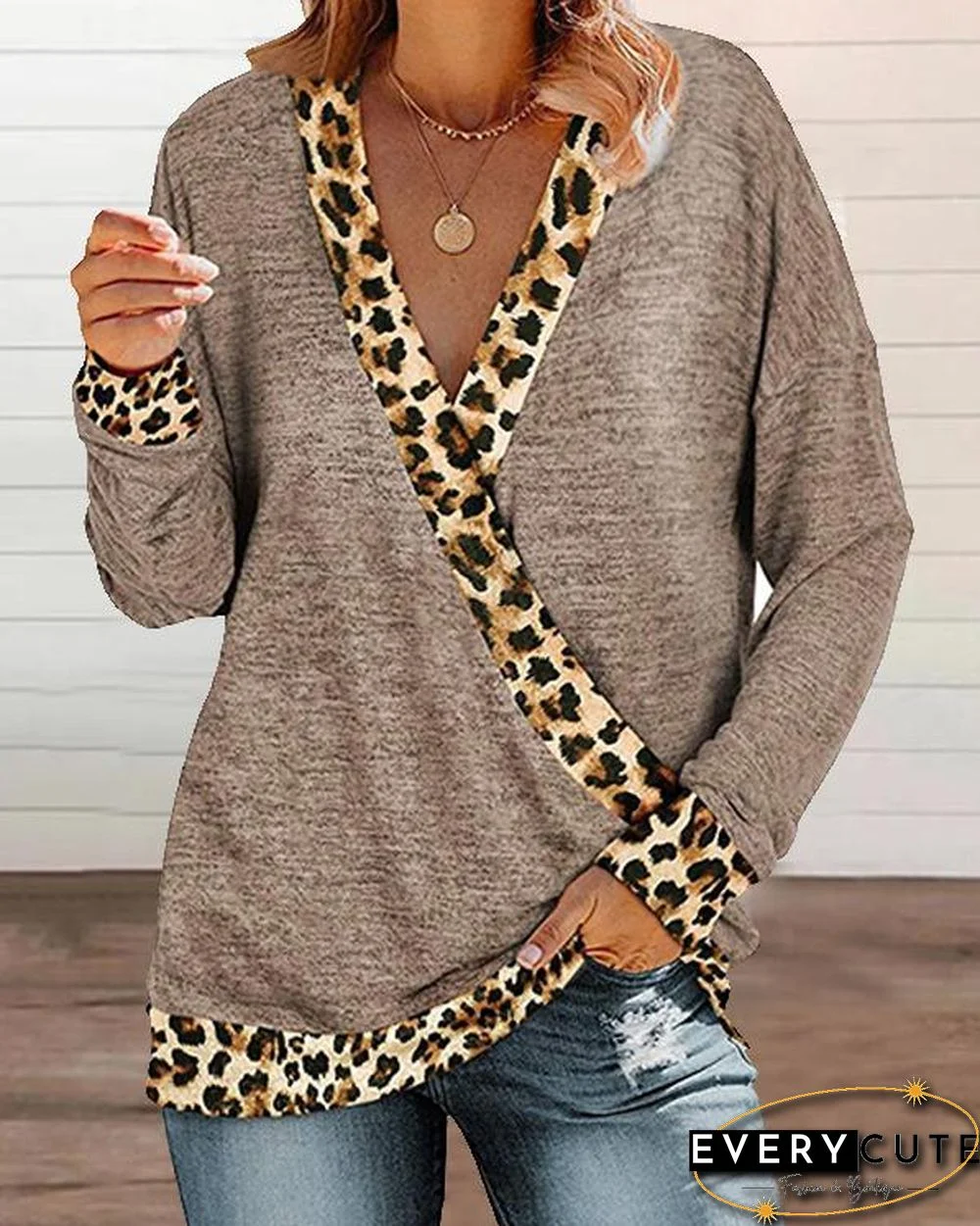 Leopard Patchwork V Neck Loose Fit Shirts&Tops