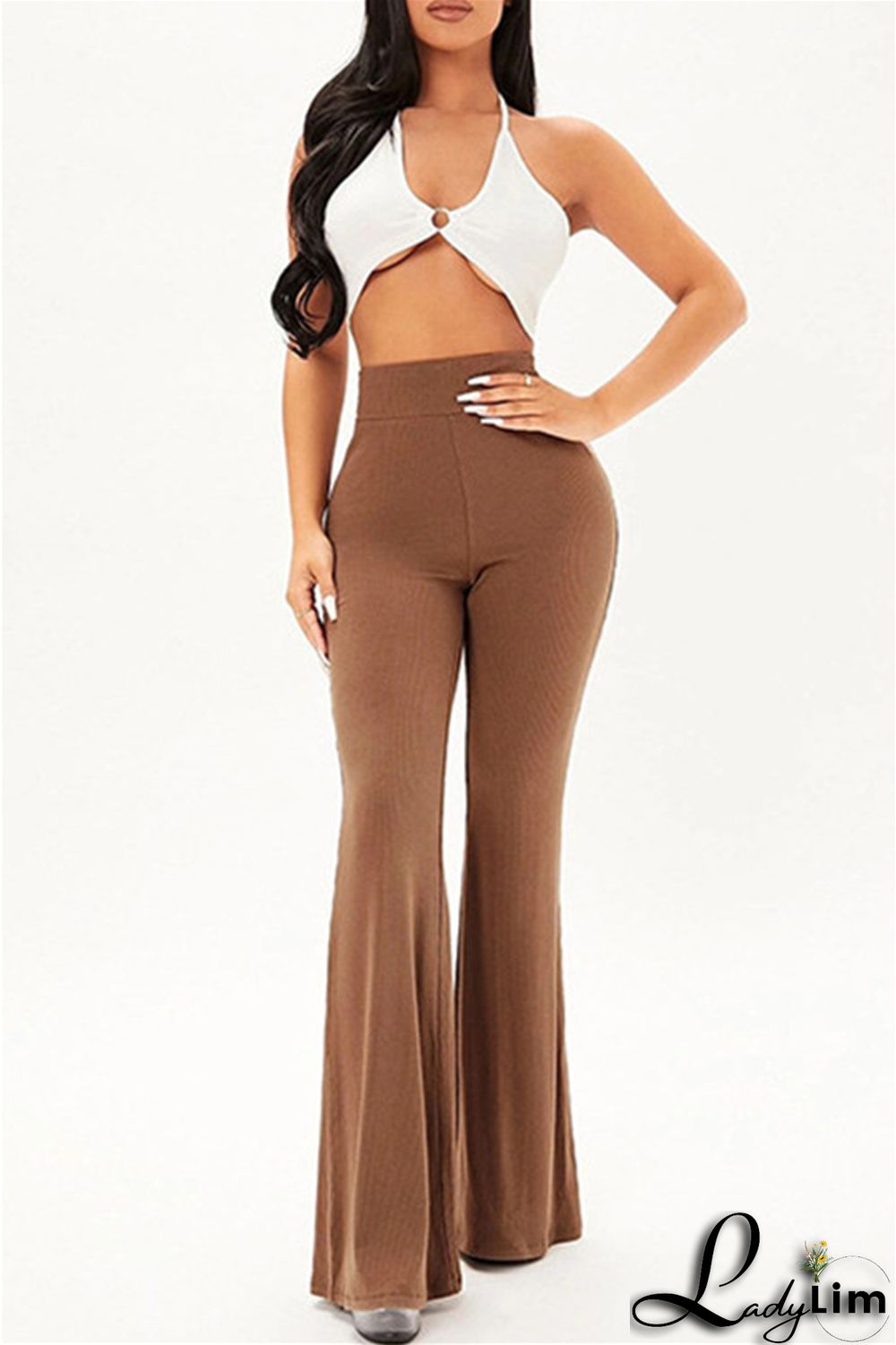 Coffee Fashion Casual Solid Basic Regular High Waist Speaker Trousers