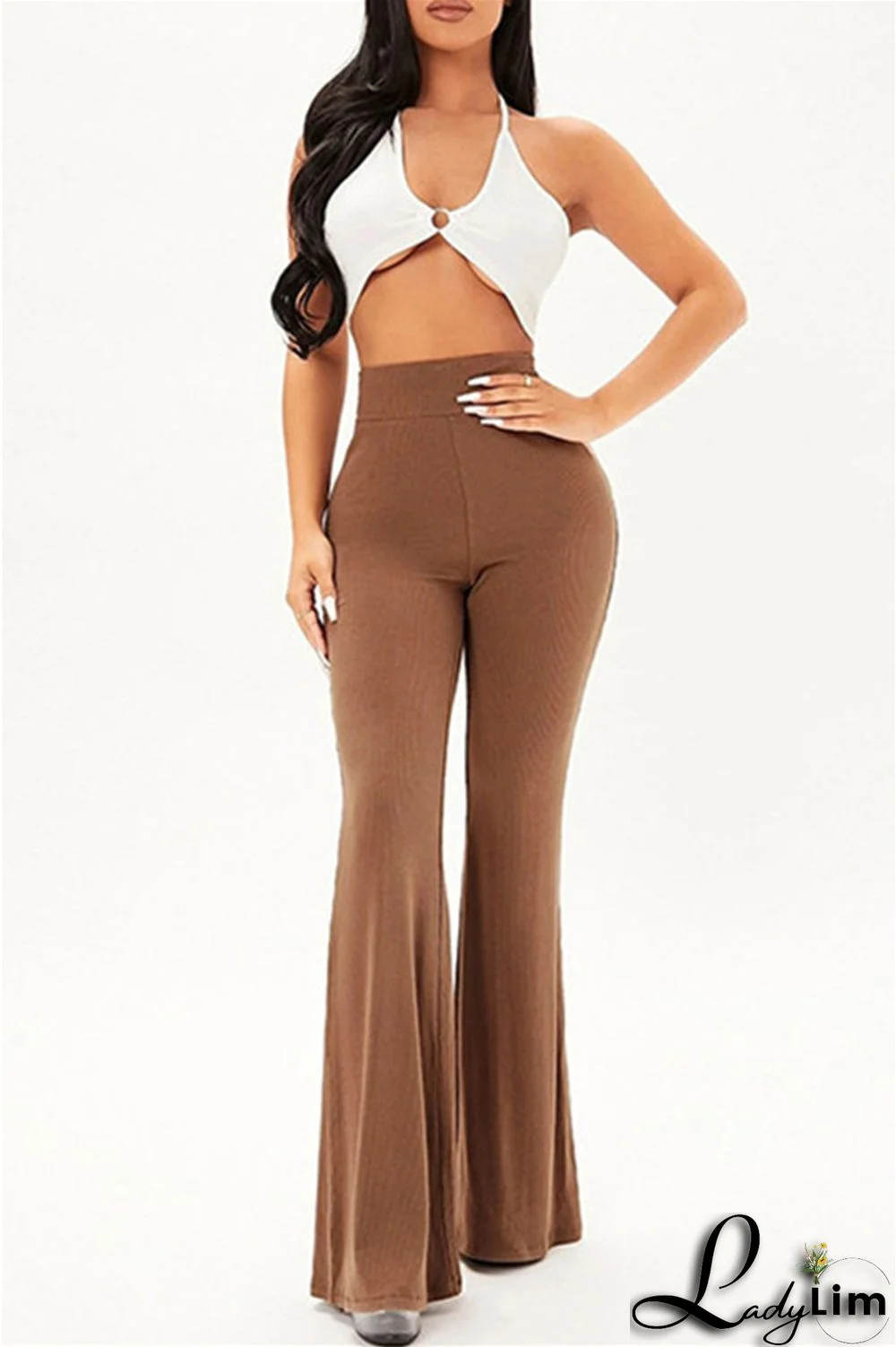 Coffee Fashion Casual Solid Basic Regular High Waist Speaker Trousers