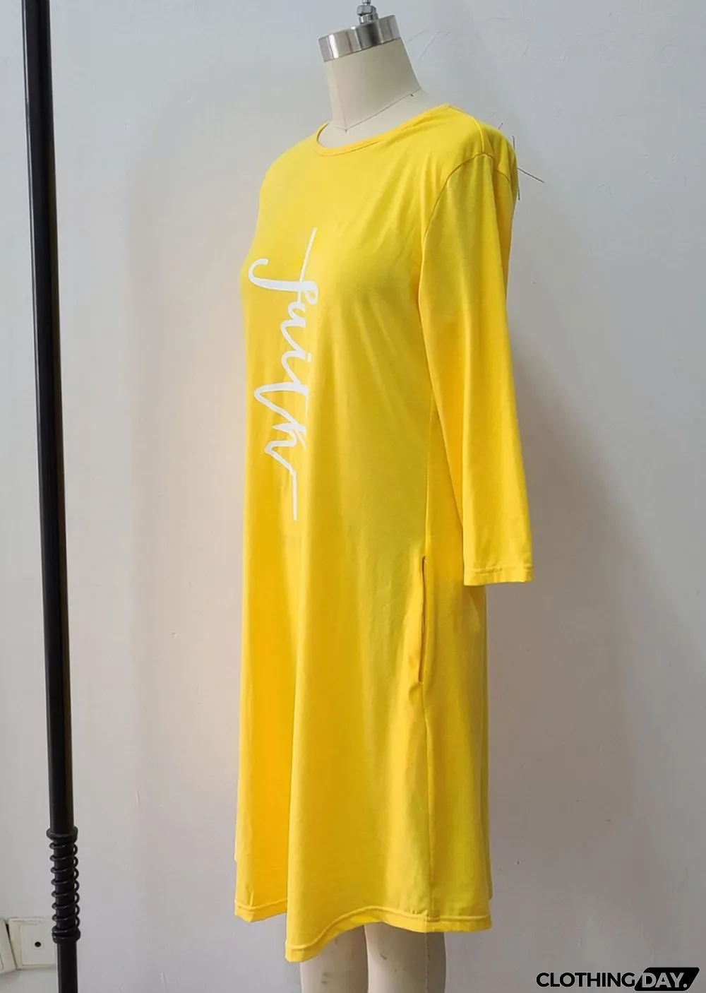 Autumn Casual Print Yellow O-Neck Pocket Shirt Dress