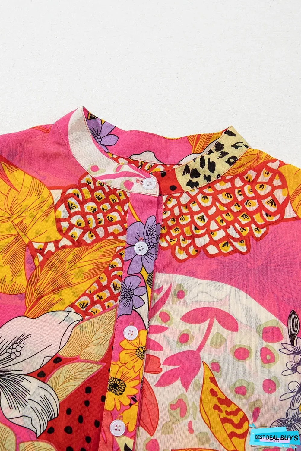 Red Abstract Floral Print Buttoned Ruffled Bubble Sleeve Shirt