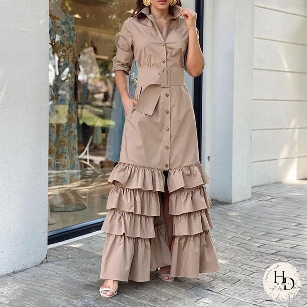 Autumn New Long Solid Belted Shirt Dress Elegant Lady High Street Lapel Button Maxi Dress Women Splicing Slit Ruffle Party Dress