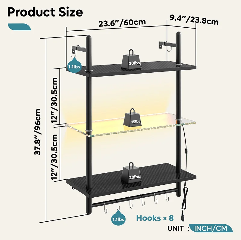 Bestier 38 inch Wall Mounted Floating Shelves with Towel Bar & Hooks  Bookshelf in Rustic 