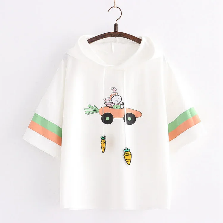 Cartoon Bunny Carrot Print Hooded T-Shirt - Modakawa modakawa