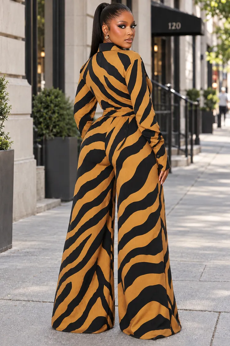 Striped Shirt Collar Wrapped Tie Wide Leg Jumpsuit-Multicolor [Pre