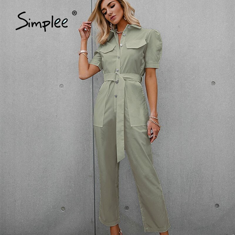 Simplee White puff sleeve lace-up women jumpsuit Fashion outfit high street solid summer jumpsuits 2021 Casual button jumpsuit