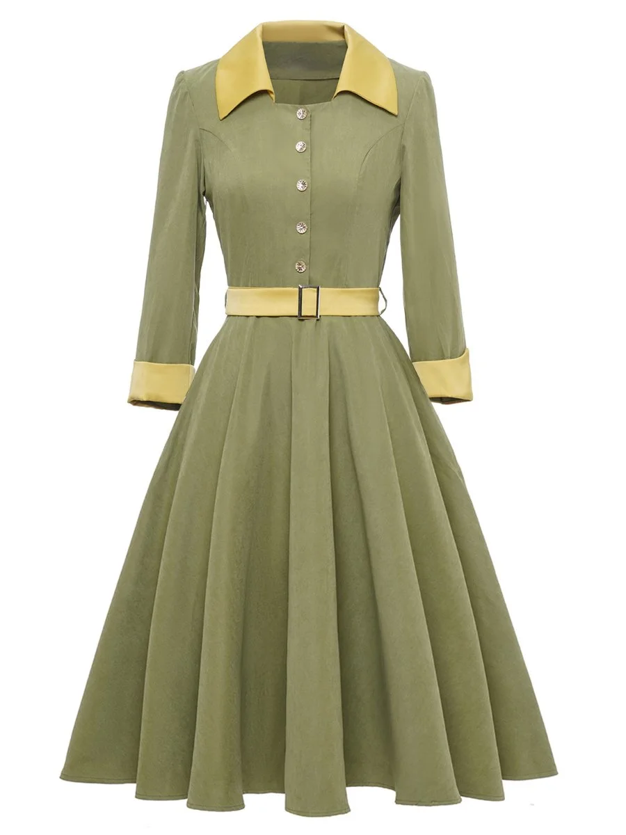Vintage Dress Lapel Collar 3/4 Sleeve Colorblock Belted Swing Dress