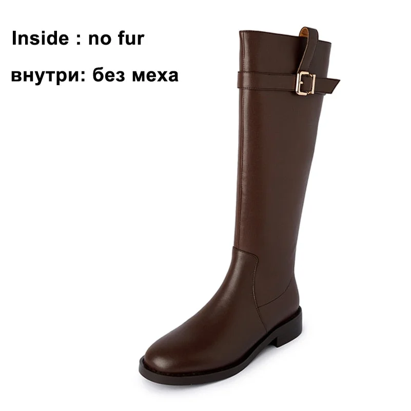 Meotina Med Heel Riding Boots Woman Real Leather Knee High Boots Zipper Thick Heel Buckle Female Shoes Autumn Winter Brown 42
