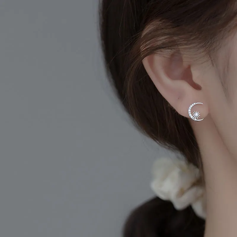 Sun Moon Asymmetrical 925 Sterling Silver Stud Earrings